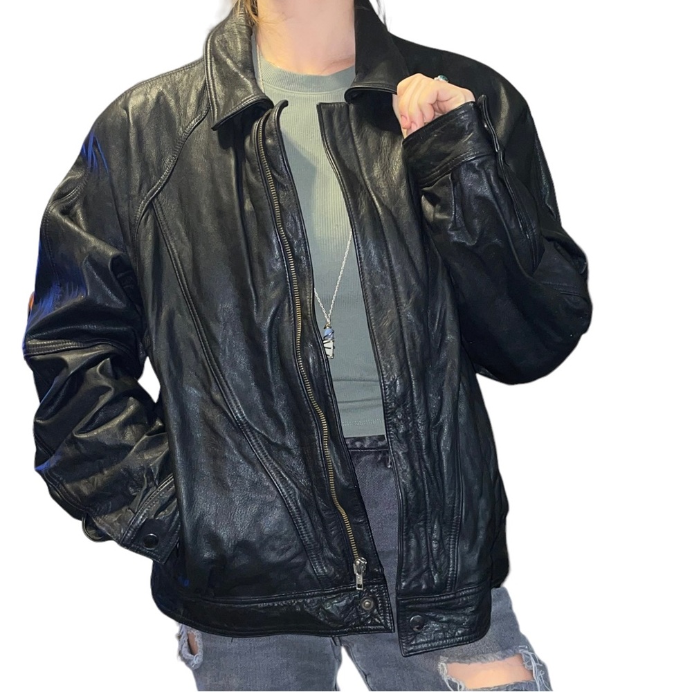 Vintage Wilson Leather black genuine leather zip up coat size L